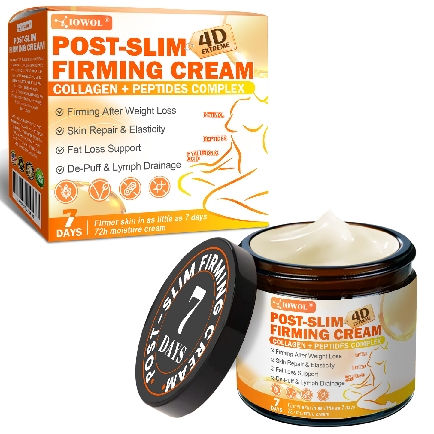 Tienda Oficial | IOWOL® Crema Reafirmante Post-Adelgazamiento con GHK-Cu, Argirelina y Matrixyl 3000, péptidos de colágeno y activos reafirmantes de la piel para tratar la piel floja y caída después de la pérdida de peso.
