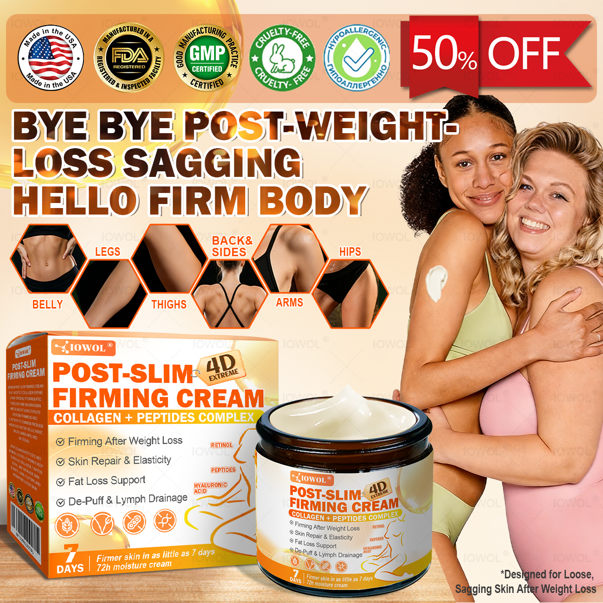 Tienda Oficial | IOWOL® Crema Reafirmante Post-Adelgazamiento con GHK-Cu, Argirelina y Matrixyl 3000, péptidos de colágeno y activos reafirmantes de la piel para tratar la piel floja y caída después de la pérdida de peso.